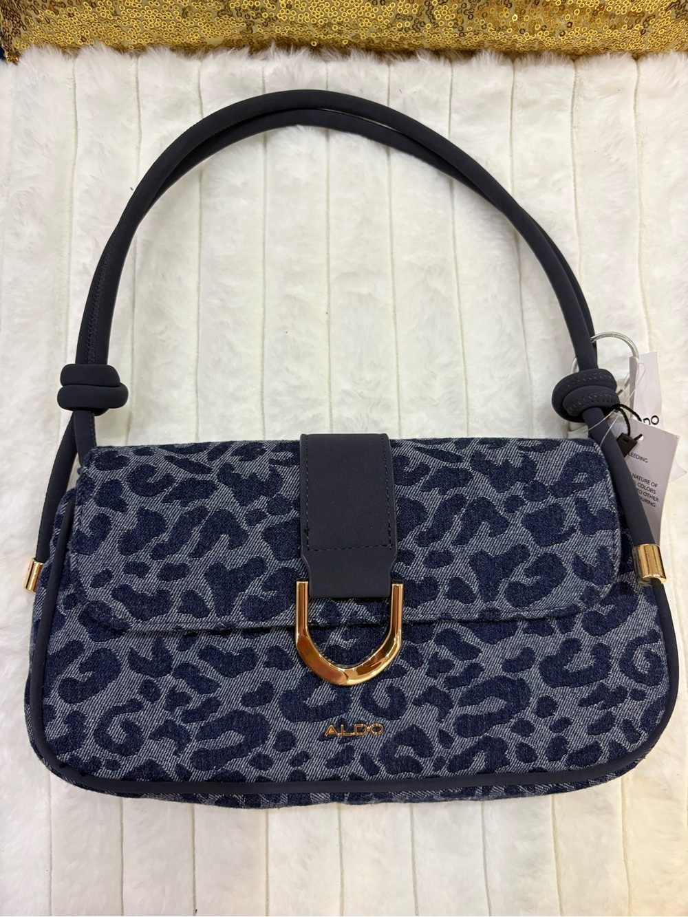 ALDO Navy Leopard-Print Shoulder Bag with Gold Accent